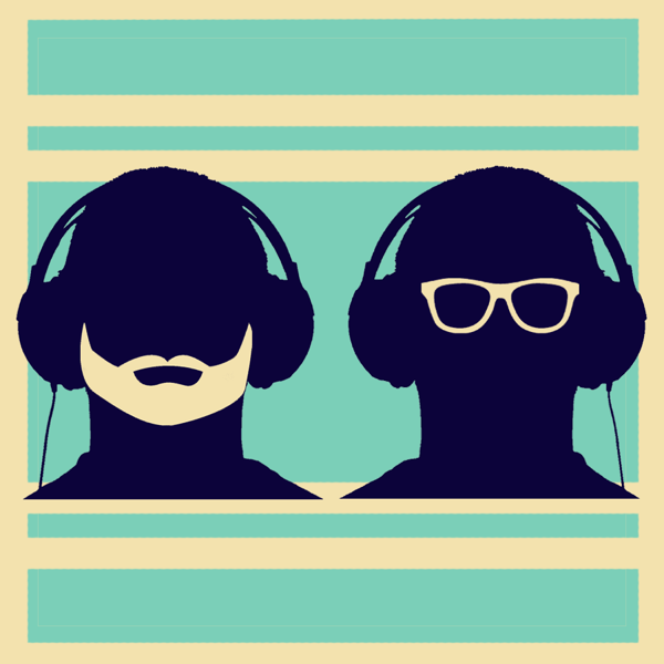 The Drew and Mark Show logo: two silhouettes wearing headphones